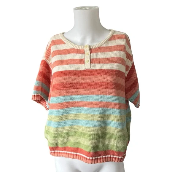 Vintage Liz Claiborne Striped Short Sleeve Sweater Henley Cropped Size Large L - Picture 6 of 6